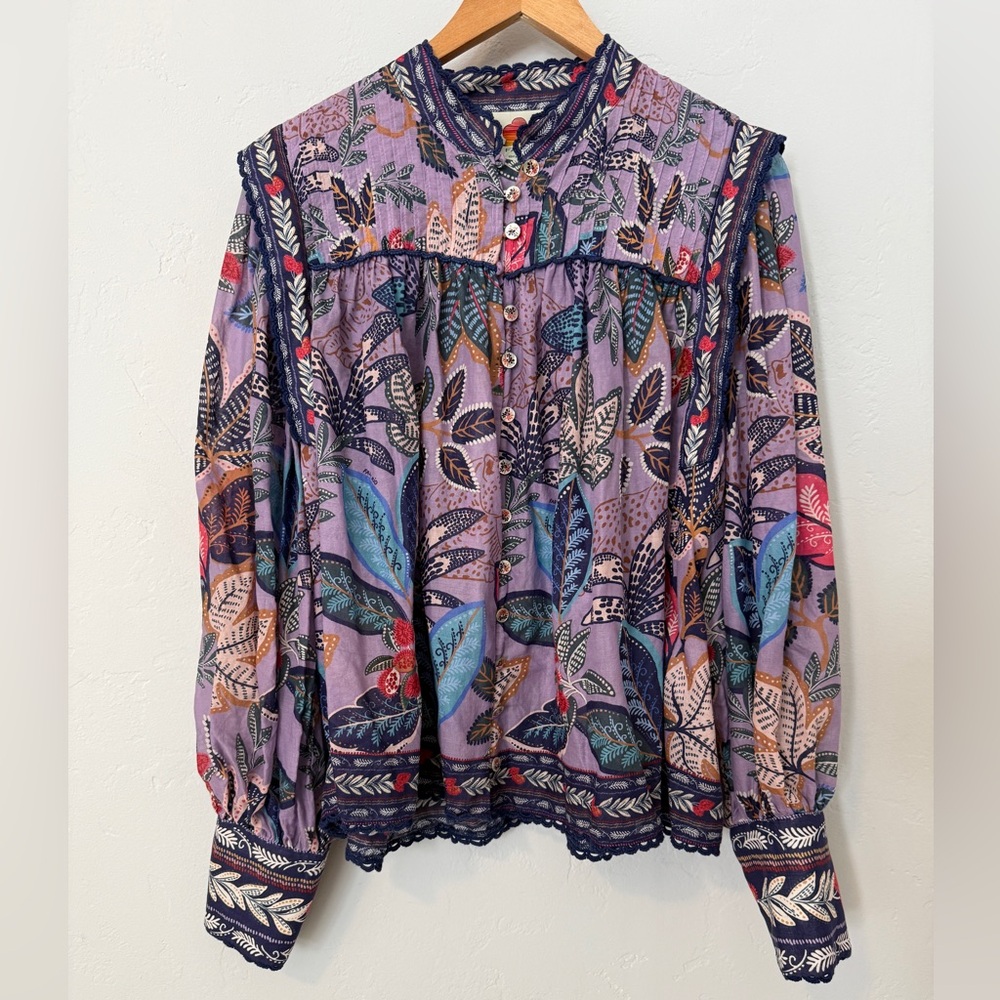 Farm Rio Floral Patterned Blouse Lavender & Blue Multicolor Women’s XL